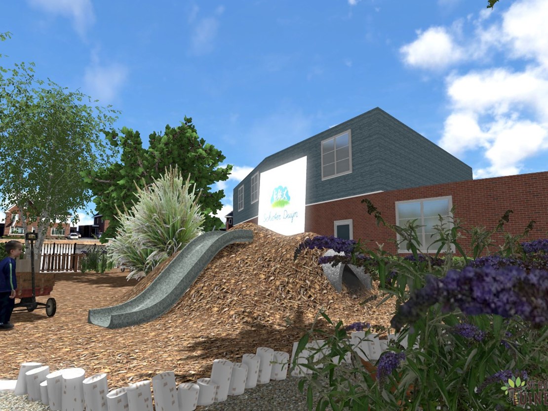 Speelheuvel met glijbaan en kruipbuis Speelheuvel met glijbaan en kruipbuis